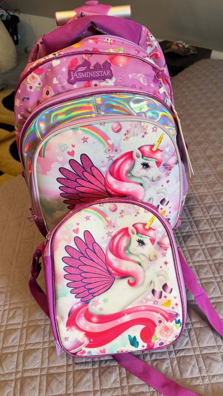 Jasminestar Unicorn pull trolly Rolling Backpack And Lunch Box Set 17”
